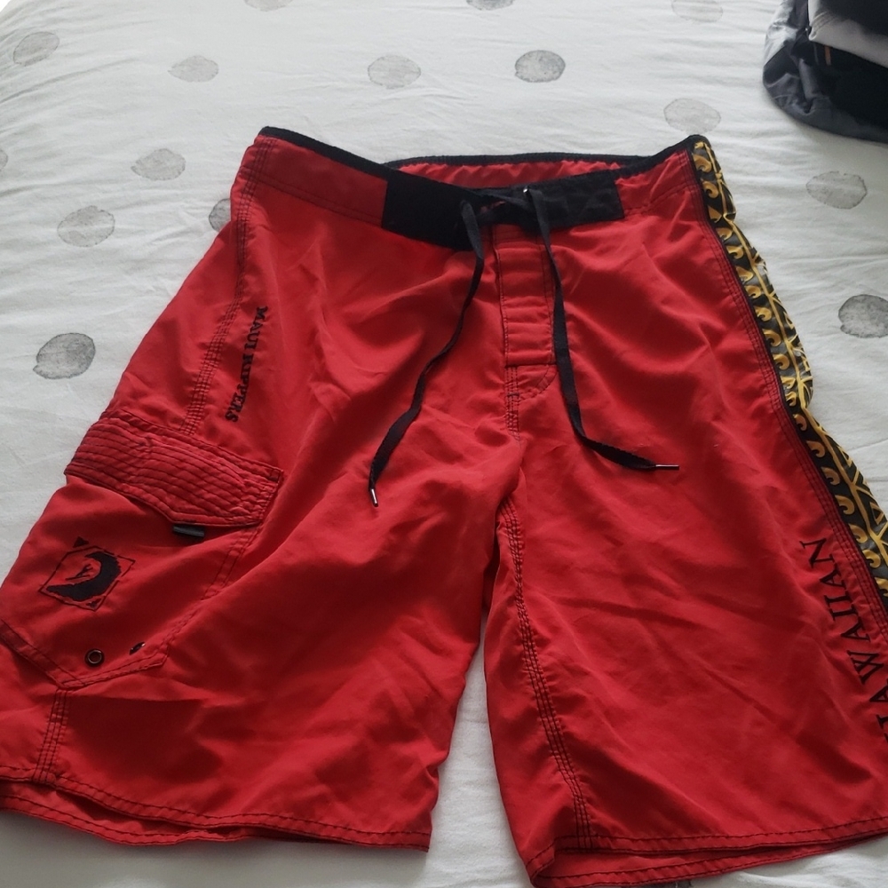 Maui Rippers Red Board Shorts with Black Trim and Decorative Side Stripe